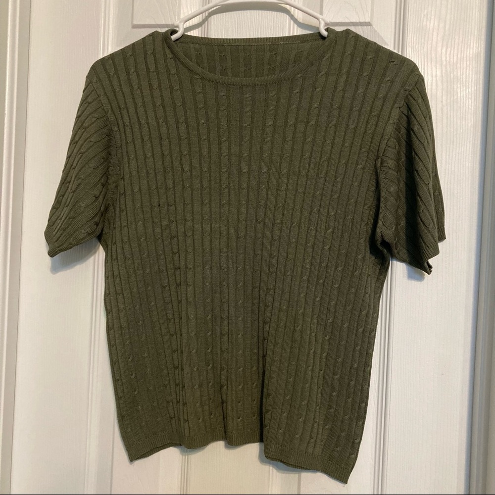 Olive Green Short Sleeve Cable Knit Sweater